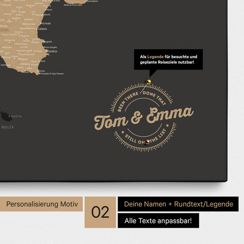 Italy map Push Pin Map in Sonar Black (Black-Gold) with personalization as a round logo that includes a legend for already visited travel destinations in circular text
