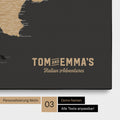 Italy map for pinning in Sonar Black (black-gold) with personalization in vintage style