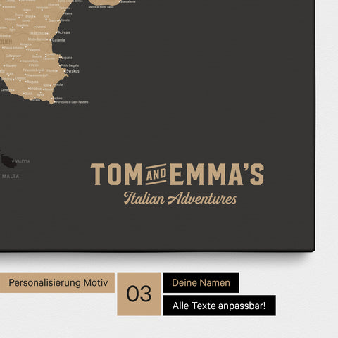 Italy map for pinning in Sonar Black (black-gold) with personalization in vintage style