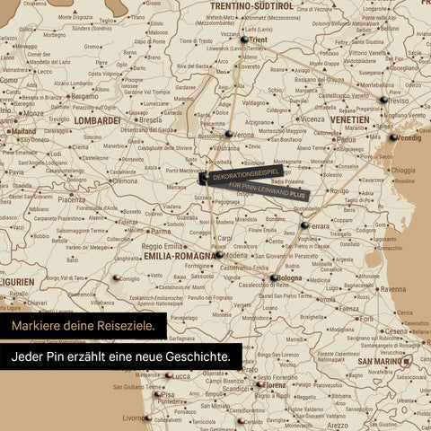 Modern Italy map in the color Treasure Gold (Gold-Beige) as a Push Pin Map shows a section of Lombardy, South Tyrol, and Veneto, where already visited travel destinations are marked with pins