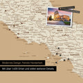 Italy map in Treasure Gold (gold-beige) as canvas for pinning shows a section of Rome, Abruzzo, and Campania with many details such as national parks, rivers, and numerous small places and towns, some of which are marked with pins