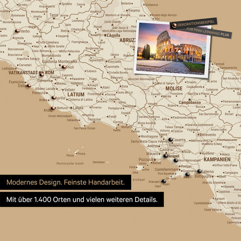 Italy map in Treasure Gold (gold-beige) as canvas for pinning shows a section of Rome, Abruzzo, and Campania with many details such as national parks, rivers, and numerous small places and towns, some of which are marked with pins