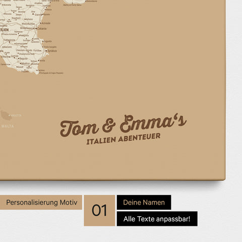 Map of Italy as a pinboard canvas in Treasure Gold (gold-beige) with personalization and name in a modern script font