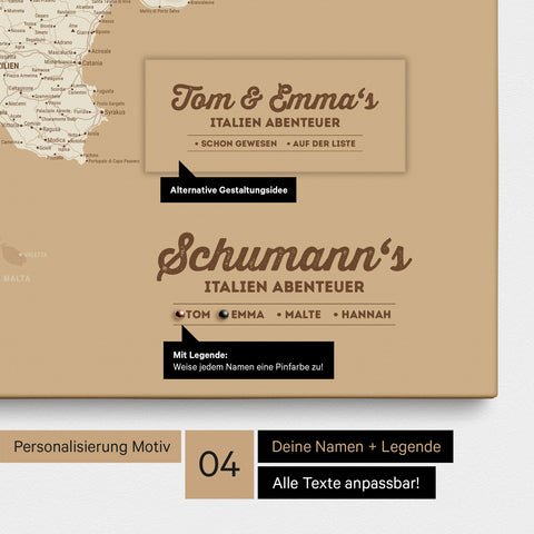 Italy map as canvas in Treasure Gold (gold-beige) with personalization as logo with family name and legend for places already visited and still want to visit