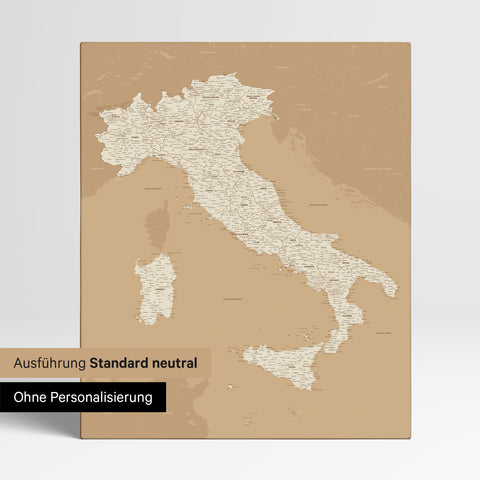 Neutral standard Version of the detailed Italy map as a pinboard canvas in Treasure Gold (Gold-Beige) without personalization