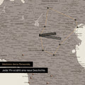 Modern Italy map in the color Warmgray (brown-gray) as a Push Pin Map shows a section of Lombardy, South Tyrol, and Veneto, where already visited travel destinations are marked with pins