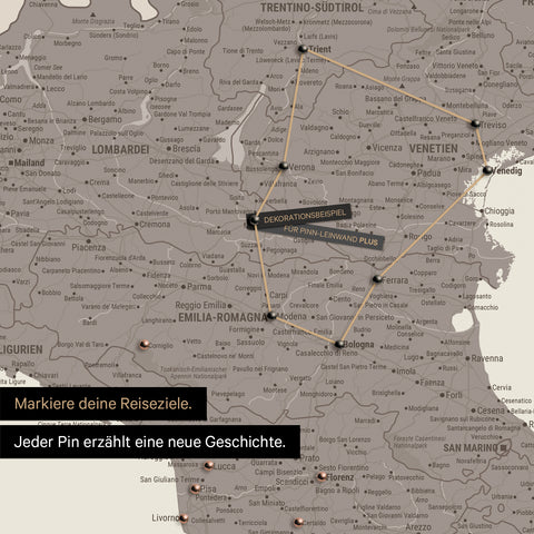 Modern Italy map in the color Warmgray (brown-gray) as a Push Pin Map shows a section of Lombardy, South Tyrol, and Veneto, where already visited travel destinations are marked with pins
