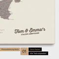 Map of Italy as a pinboard canvas in warm gray (brown-gray) with personalization and name in a modern script font
