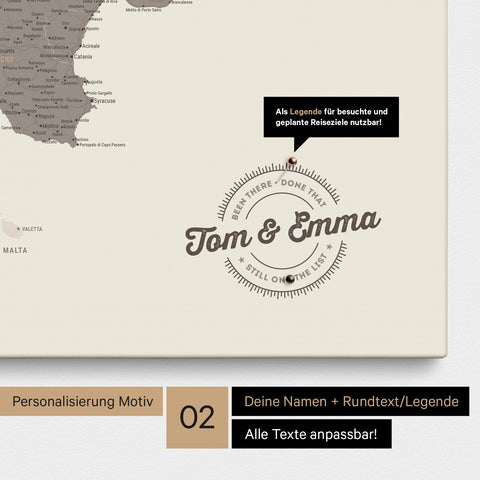 Italy map Push Pin Map in Warmgray (Brown-Gray) with personalization as a round logo that includes a legend for already visited travel destinations in circular text