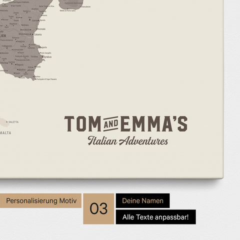 Italy map for pinning in warm gray (brown-gray) with personalization in vintage style