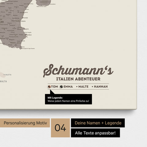 Italy map as canvas in warm gray (brown-gray) with personalization as logo with family name and legend for places already visited and still want to visit