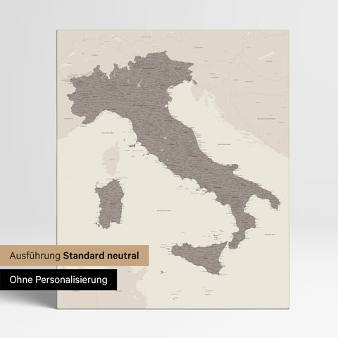 Neutral standard Version of the detailed Italy map as a pinboard canvas in warm gray (brown-gray) without personalization