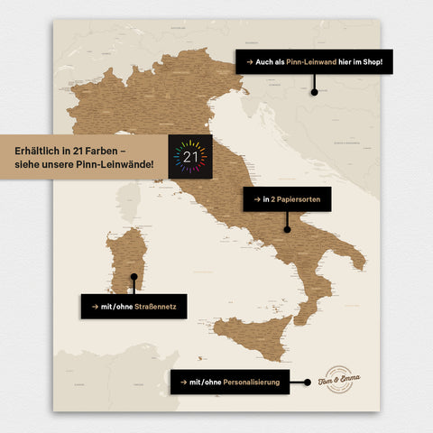 Mapa Włoch TRAVEL® Premium plakat – w 21 kolorach