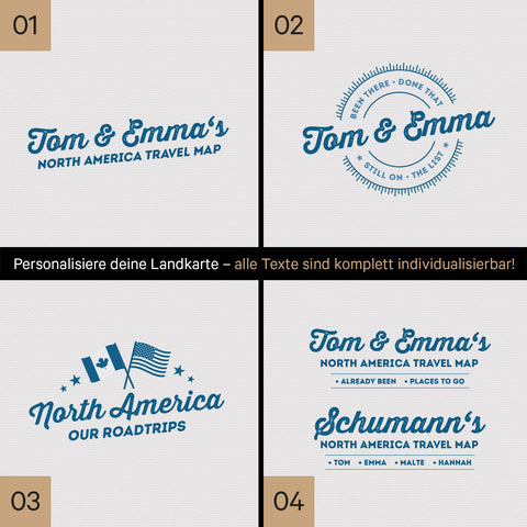 Kanada & USA Landkarte mit hohem Detailgrad als Pinnwand Leinwand in Blau mit Personalisierung und Eindruck mit deinem Namen