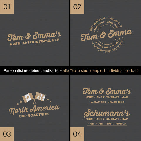Kanada & USA Landkarte mit hohem Detailgrad als Pinnwand Leinwand in Dunkelgrau mit Personalisierung und Eindruck mit deinem Namen