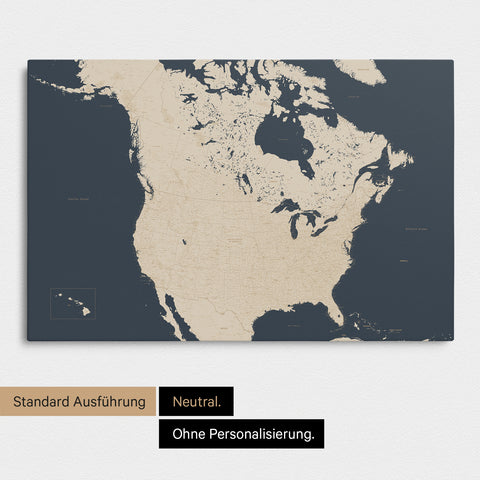 Neutrale und schlichte Ausführung einer Kanada & USA Karte als Pinn-Leinwand in Hale Navy (Dunkelblau-Gold)