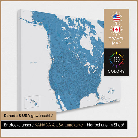 Mapa USA TRAVEL® Canvas z pinezkami – Ocean Blue