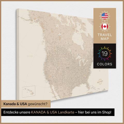 Mapa USA TRAVEL® Canvas z pinezkami – Złoty