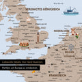 Section of a children's Europe map as a Push Pin Map in brown color showing France and England with illustrations of Stonehenge, the Eiffel Tower, and Big Ben