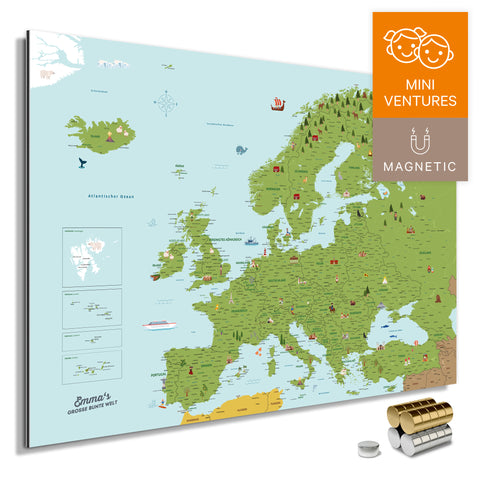 Bunte Europakarte für Kinder in Farbe Classic mit liebevollen Illustrationen und Bildern als Magnetboard mit zum Pinnen und Markieren kaufen
