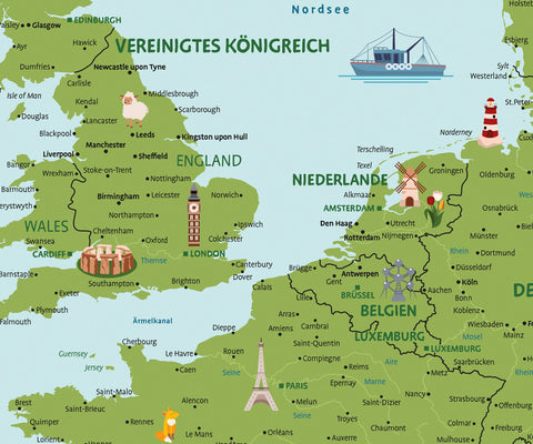 Breuer's europa-Karte für Kinder mit einem Ausschnitt von England, Frankreich und Benelux, mit vielen liebevollen Illustrationen von Tieren, Menschen und Sehenswürdigkeiten