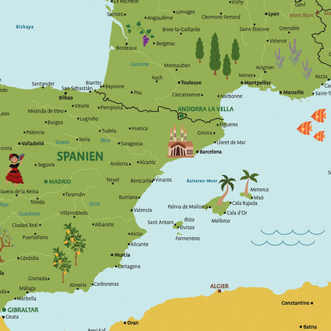 Ausschnitt einer Kinder-Europakarte als Poster in Farbe Classic zeigt Spanien mit Illustrationen