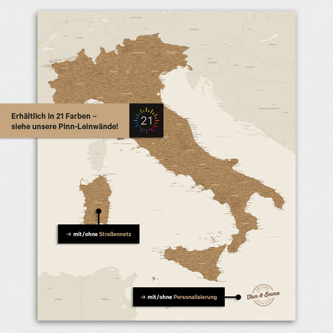 Mapa Włoch TRAVEL® Plakat magnetyczny – w 21 kolorach
