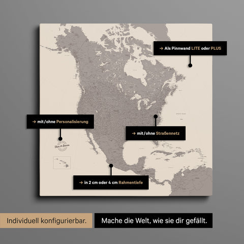 Vielfältige Konfigurationsmöglichkeiten einer Nordamerika Landkarte als Pinn-Leinwand in Farbe Warmgray (Braun-Grau)
