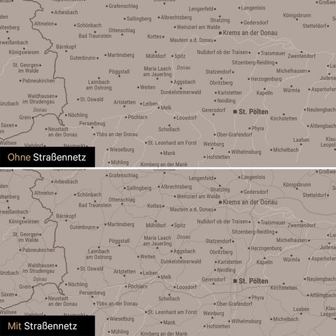 Österreich-Karte Leinwand in Warmgray (Braun-Grau) wahlweise mit oder ohne Straßennetz