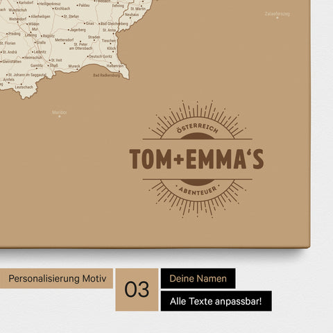 Österreich-Karte als Pinn-Leinwand in Treasure Gold mit eingedruckten Namen als Logo in Form einer Sonne