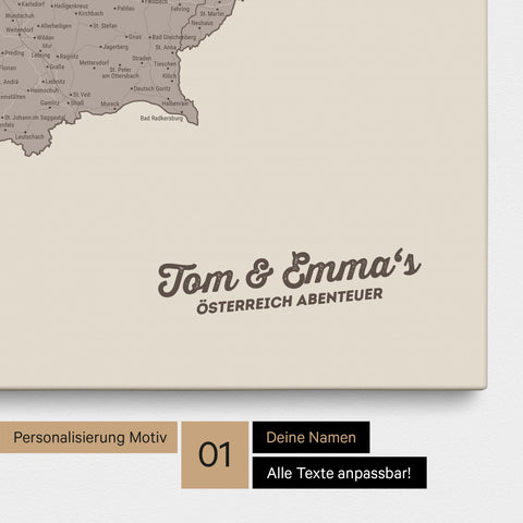 Österreich-Karte als Pinnwand Leinwand in Warmgray (Braun-Grau) mit Personalisierung und Eindruck mit deinem Namen