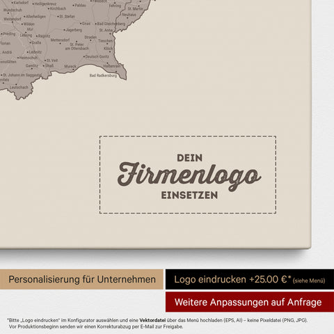 Österreich-Karte als Pinn-Leinwand in Warmgray (Braun-Grau) mit Eindruck eines Firmenlogos