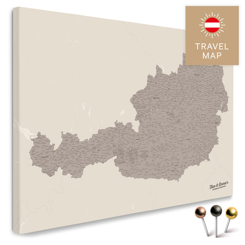 Österreich-Karte in Warmgray (Braun-Grau) als Pinnwand Leinwand zum Pinnen und Markieren von Reisezielen kaufen