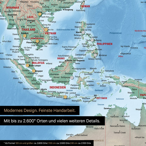 Section of a magnetic physical world map in Multicolor Terra showing a map of Asia, with magnets marking travel destinations