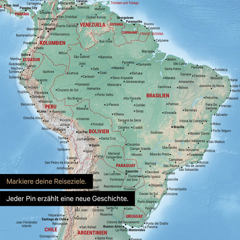 Section of a physical world map poster in multicolor Terra showing maps of South America