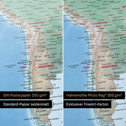 Physical world map in multicolor Terra as a poster on Sihl poster paper or Hahnemühle Photo Rag paper types