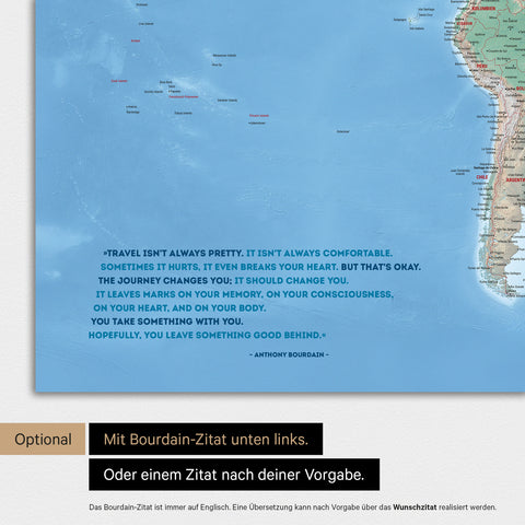 Physical world map in multicolor Terra with printed quote by Anthony Bourdain, which can be replaced with any other quote during personalization