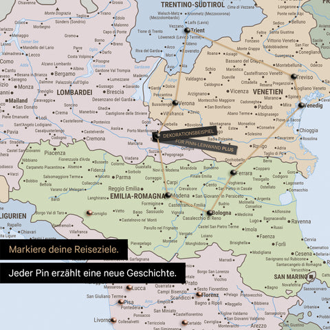 Political Italy map as Push Pin Map shows a section of Lombardy, South Tyrol, and Veneto, with already visited travel destinations marked by pins