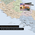 Political Italy map as a canvas for pinning shows a section of Rome, Abruzzo, and Campania with many details such as national parks, rivers, and numerous small towns and cities, some of which are marked with pins