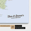 Political map of Italy as a pinboard canvas with personalization and names in a modern script font