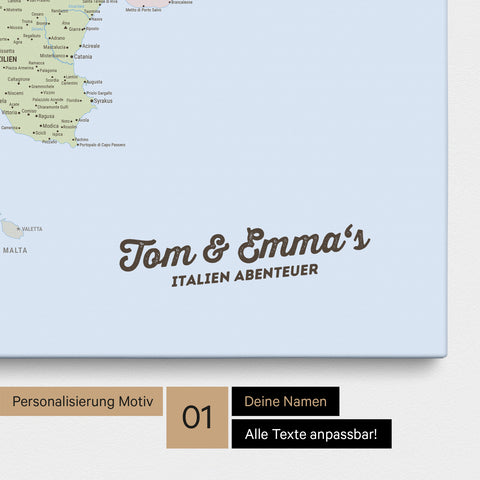 Political map of Italy as a pinboard canvas with personalization and names in a modern script font