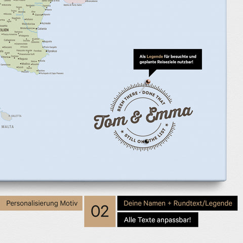 Political Italy Map Push Pin Map with personalization as a round logo, which includes a legend for already visited travel destinations in circular text