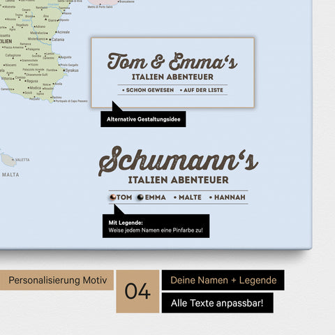 Political Italy map as canvas with personalization as logo with family name and legend for places already visited and still want to visit