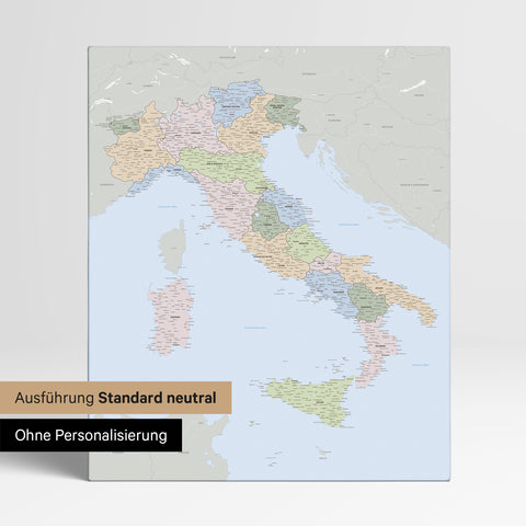 Neutral standard Version of the detailed political Italy map as a pinboard canvas without personalization