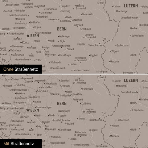 Schweiz-Karte Leinwand in Warmgray (Braun-Grau) wahlweise mit oder ohne Straßennetz