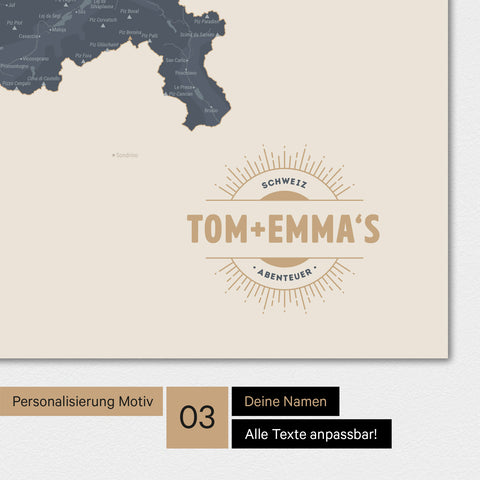 Schweiz-Karte Magnetboard in der Farbe Navy Light mit Personalisierung als Logo im Vintage-Look