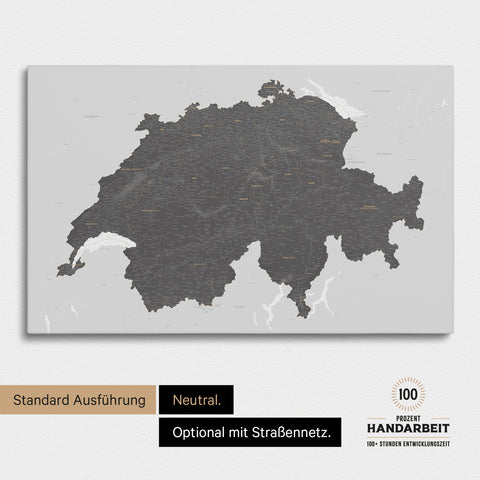 Neutrale und schlichte Standard-Ausführung einer Schweiz-Karte als Pinn-Leinwand in Treasure Dunkelgrau