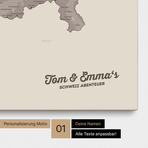 Schweiz-Karte als Pinnwand Leinwand in Warmgray (Braun-Grau) mit Personalisierung und Eindruck mit deinem Namen