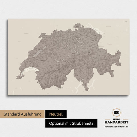 Neutrale und schlichte Standard-Ausführung einer Schweiz-Karte als Pinn-Leinwand in Treasure Warmgray (Braun-Grau)