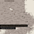 Ausschnitte einer Skandinavienkarte mit der Region Stockholm in Schweden als Pinn-Leinwand in Warmgray (Braun-Grau) mit 2.900 Orten
